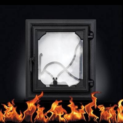 Kandalló ajtó matt fekete, hőálló üveggel, külső méret: 365 x 430mm, falazó méret: 270 x 330mm, LÍRA
