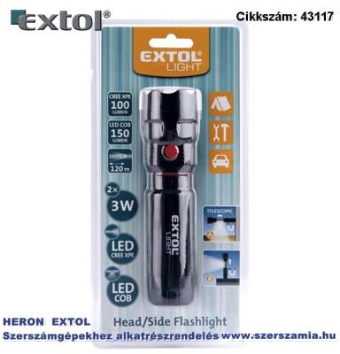 LED lámpa, 3W xpeplusz3 W cob, 100lmp, 150lm teleszkópos, 3 funkció teljes, fél fényerő, villogás, műanyag ház, elem nélkül