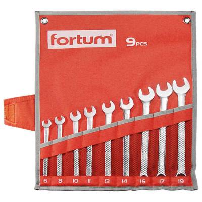 FORTUM csillag-villás kulcs készlet, mattkróm, vászon tok, 61CrV5, 6-8-10-11-13-14-16-17-19mm, 9 db-os