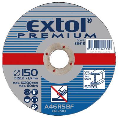 EXTOL PREMIUM vágókorongok fémhez 180x1,6x22,2mm, max 8500 ford/perc 5db/csomag
