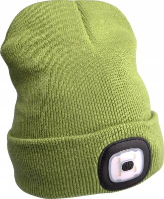 Sapka, zöld, kötött, kivehető LED homloklámpával, 4×45 Lumen, USB tölthető Li-ion akku, 3 funkció (100%-75%-50% fényerő)