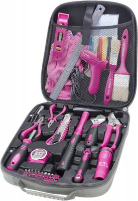 Szerszámkészlet, 68db, Extol Lady, rózsaszín, fogó, csavarhúzók, kalapács, BIT-ek, melegragasztó pisztoly, LED-lámpa + AJÁNDÉK