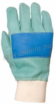 Bőrkesztyű, zöld színmarha, kék tenyérfolt, szivacsbélés, méret: 10, 1 pár
