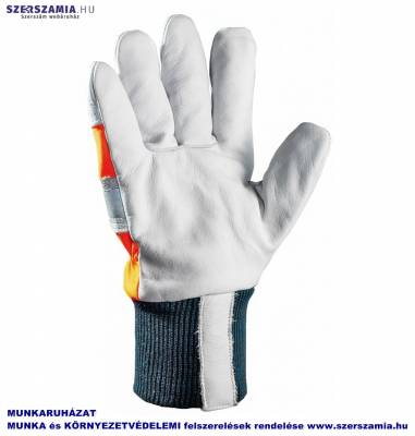 Bőrkesztyű, téli, szürke színmarha/narancs vászon, bélés, méret: 10, 1 pár