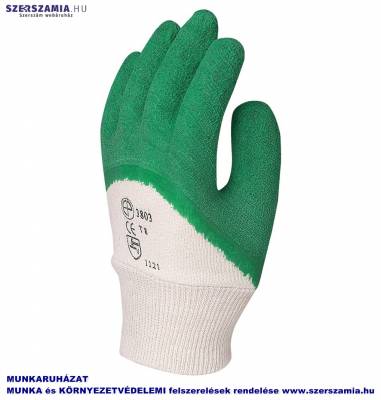 Mártott zöld krepp Latex, érdes, szellőző kézhát, méret: 10, KIFUTÓ termék, Helyettesítő: 3810 12pár / csomag