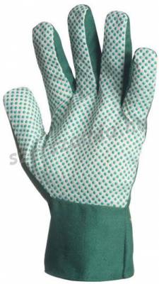 Kertészkesztyű, varrott zöld pamut, zöld pettyes tenyér, férfi, méret: 9, 12pár / csomag