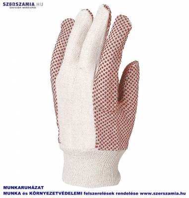 Kertészkesztyű, varrott fehér pamut, piros PVC pettyekkel, méret: 7, 12pár / csomag