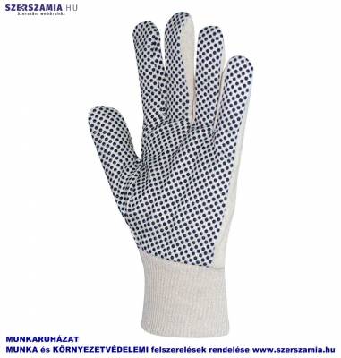 Kertészkesztyű, varrott fehér pamut, fekete PVC pettyekkel, méret: 9, KIFUTÓ termék 12pár / csomag