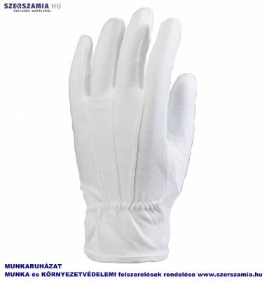 Pamutkesztyű, fehér, varrott, tenyerén PVC minipettyek, méret: 7, 12pár / csomag