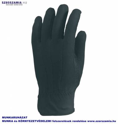 Pamutkesztyű, fekete, varrott, tenyerén PVC minipettyek, méret: 9, 12pár / csomag