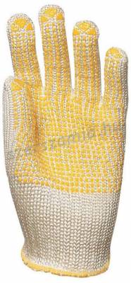 Kötött vastag fehér abralon/Nylon kesztyű, sárga pöttyös, méret: 10, 10pár / csomag