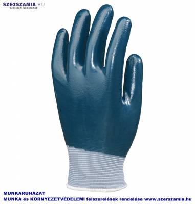 Szerelőkesztyű, tenyéren plusz kézháton kék Nitrillel mártva, méret: 8, 1 pár