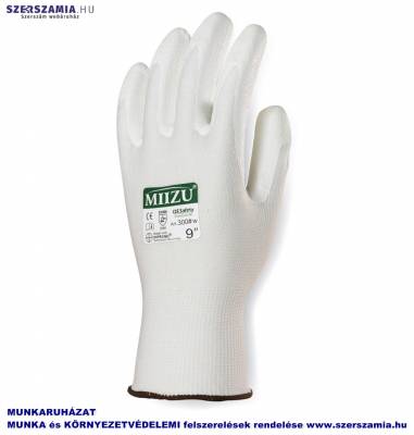 MIIZU Szerelőkesztyű, fehér, tenyéren PU mártott, méret: 8, KIFUTÓ termék 12pár / csomag