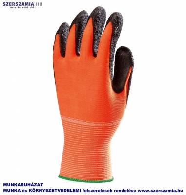Szerelőkesztyű, Fluo narancs Nylon, fekete Latex tenyér, méret: 10, 10pár / csomag