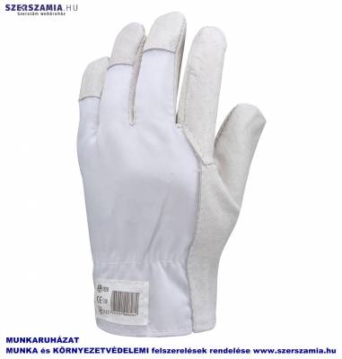 Bőrkesztyű, szürke színsertés/fehér vászon kézhát, méret: 10, KIFUTÓ termék 12pár / csomag
