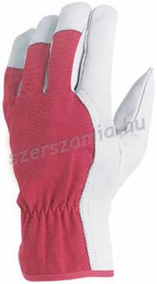Bőrkesztyű, szürke színmarha/piros pamut, csuklógumi, méret: 9, 1 pár