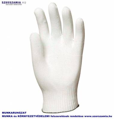 Kötött, rugalmas fehér poliamid kesztyű, pamut belső, méret: 9, 10pár / csomag