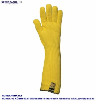 Kötött sárga kevlar kesztyű, 45 cm, 350 C.fok, pamut belső, méret: 10, 1 pár