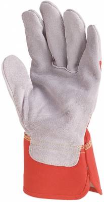 Bőrkesztyű, szürke marhahasíték/piros vászon kézhát, méret: 9, 12pár / csomag
