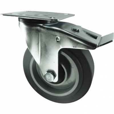 Közepes teherbírású gumiabroncsos kerék, bolygó típus felső tányérral és fékkel, szürke 125mm