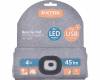 Sapka, szürke, kötött, kivehető LED homloklámpával, 4×45 Lumen, USB tölthető Li-ion akku, 3funkció (100%-75%-50% fénye.)