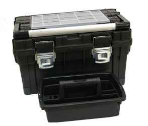 Műanyag, erős, profi szerszámosláda, 595 x 345 x 355mm, fémcsatos, tálcával, fekete, lakatolható