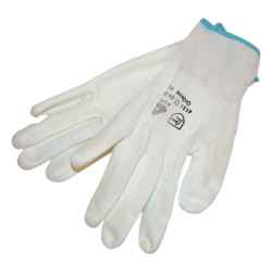 Fehér kötött nylon kesztyű, PU mártott tenyér és ujjhegy, méret:7 BUNTING