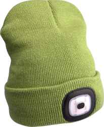 Sapka, zöld, kötött, kivehető LED homloklámpával, 4×45 Lumen, USB tölthető Li-ion akku, 3 funkció (100%-75%-50% fényerő)