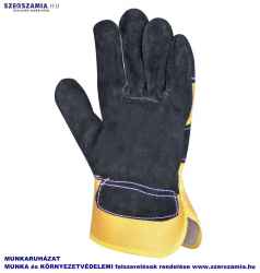 Bőrkesztyű, fekete marhahasíték/sárga vászon kézhát, méret: 10, 12pár / csomag