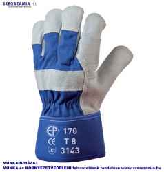 Bőrkesztyű, szürke dupla marhahasíték/kék vászon kézhát, méret: 8, 12pár / csomag