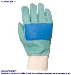 Bőrkesztyű zöld színmarha, kék tenyérfolt, szivacsbélés, méret: 9, 1 pár