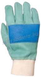Bőrkesztyű, zöld színmarha, kék tenyérfolt, szivacsbélés, méret: 10, 1 pár