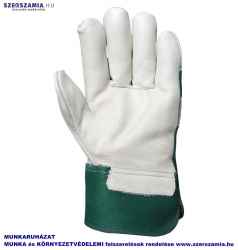 Bőrkesztyű, szürke színmarha/zöld vászon kézhát, méret: 10, 1 pár