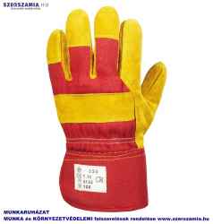 Bőrkesztyű, téli, sárga marhahasíték/piros vászon, polár, méret: 8, 1 pár
