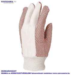 Kertészkesztyű, varrott fehér pamut, piros PVC pettyekkel, méret: 7, 12pár / csomag