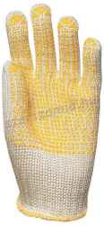 Kötött vastag fehér abralon/Nylon kesztyű, sárga pöttyös, méret: 10, 10pár / csomag