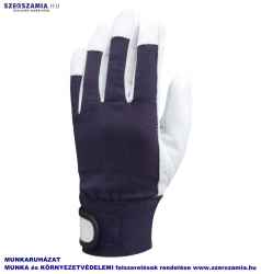 Bőrkesztyű, szürke színkecske/kék pamut, tépőzár, méret: 10, 1 pár