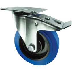 Közepes teherbírású gumiabroncsos kerék, bolygó típus felső tányérral és fékkel, kék 80mm