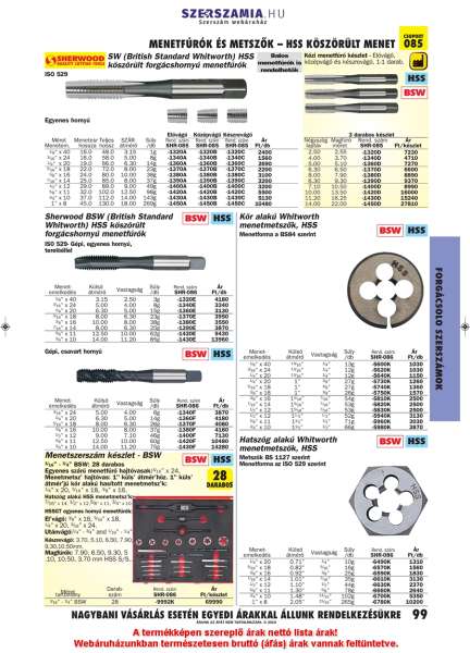 Hatszög alakú menetmetsző BSW 7/16col x 14 1,01 x 7/16col HSS