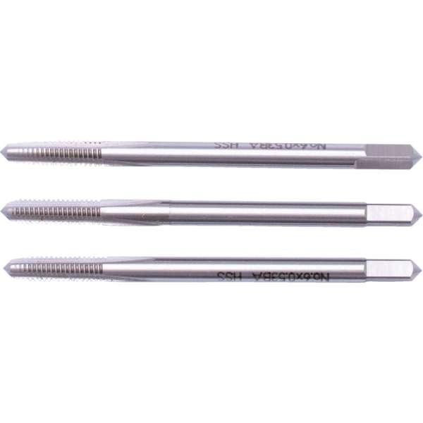Egyenes hornyú kézi BA menetfúró készlet HSS ISO529, No.6 x 0,0209mm, 3 db-os Egyenes hornyú kézi BA menetfúró készlet HSS ISO529, No.6 x 0,0209mm, 3 db-os
