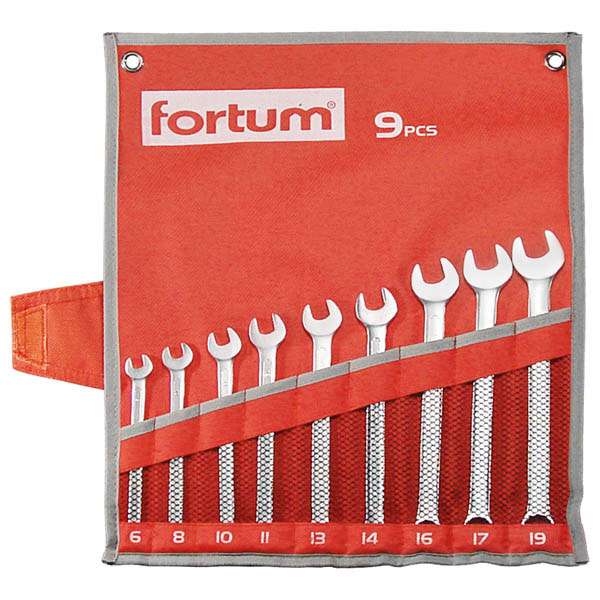 FORTUM csillag-villás kulcs készlet, mattkróm, vászon tok, 61CrV5, 6-8-10-11-13-14-16-17-19mm, 9 db-os FORTUM csillag-villás kulcs készlet, mattkróm, vászon tok, 61CrV5, 6-8-10-11-13-14-16-17-19mm, 9 db-os