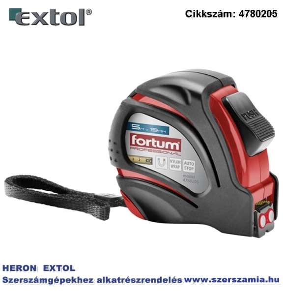 Mérőszalag, 1 stoppos, ABS műanyag ház, gumírozott 5m x 19 mm Nylon bevonatú szalag, mágneses vég Fortum Mérőszalag, 1 stoppos, ABS műanyag ház, gumírozott 5m x 19 mm Nylon bevonatú szalag, mágneses vég Fortum
