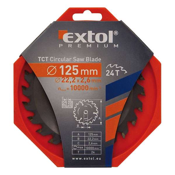 125 x 22,2mm, T24 körfűrészlap, keményfémlapkás, 2,6mm lapkaszélesség, max 10000 ford/perc EXTOL PREMIUM 125 x 22,2mm, T24 körfűrészlap, keményfémlapkás, 2,6mm lapkaszélesség, max 10000 ford/perc EXTOL PREMIUM