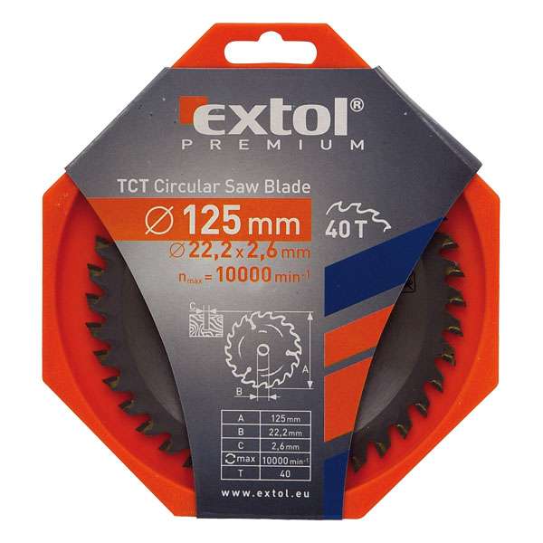 125 x 22,2mm, T40 körfűrészlap, keményfémlapkás, 2,6mm lapkaszélesség, max 10000 ford/perc EXTOL PREMIUM 125 x 22,2mm, T40 körfűrészlap, keményfémlapkás, 2,6mm lapkaszélesség, max 10000 ford/perc EXTOL PREMIUM