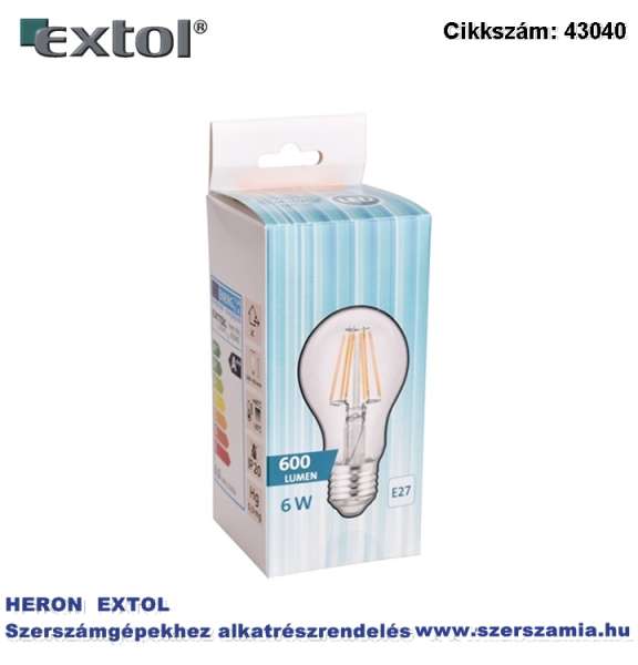 LED-es villanykörte 6W 600 lumen 60W hagyomány., Filament LED, E27 foglalat, Meleg Fehér színű LED-es villanykörte 6W 600 lumen 60W hagyomány., Filament LED, E27 foglalat, Meleg Fehér színű