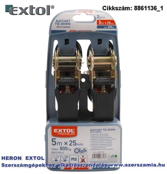 Rakományrögzítő gurtni, 2db, kampós, max. 800kg 5m x 25 mm, EN12195-2,tüv/gs