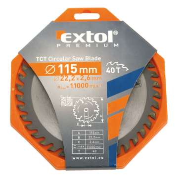 115 x 22,2mm, T40 körfűrészlap, keményfémlapkás, 2,6mm lapkaszélesség, max 11000 ford/perc EXTOL PREMIUM 115 x 22,2mm, T40 körfűrészlap, keményfémlapkás, 2,6mm lapkaszélesség, max 11000 ford/perc EXTOL PREMIUM